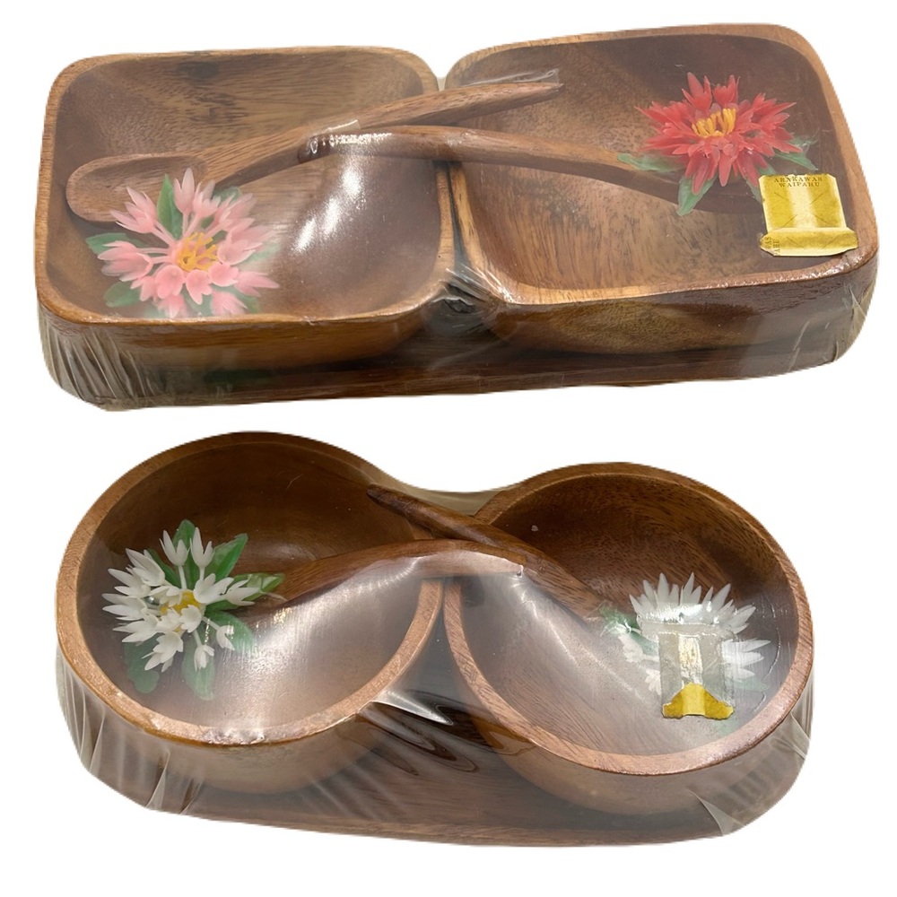 New Miniโ Wood Bowl Set Trays Spoons Hand Carved Tiki Luau Party Servewear MCM
